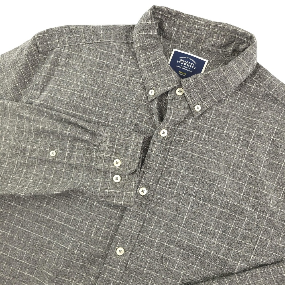 Charles Tyrwhitt Flannel Shirt Mens XL Gray Check Long Sleeve Button Down